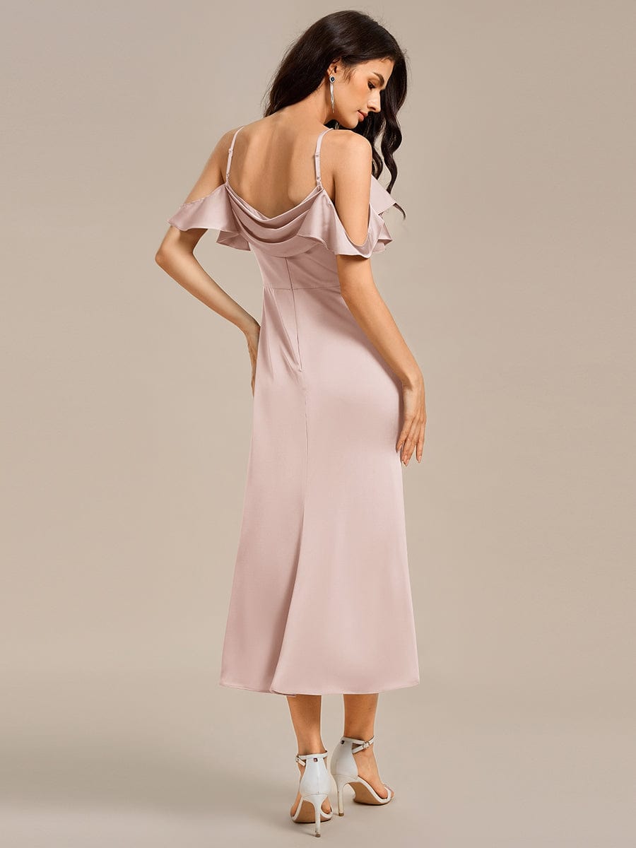 CALYNNE|Ruffled Off Shoulder Satin Midi Mermaid Bridesmaid Dress