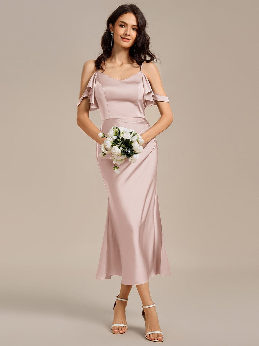 CALYNNE|Ruffled Off Shoulder Satin Midi Mermaid Bridesmaid Dress
