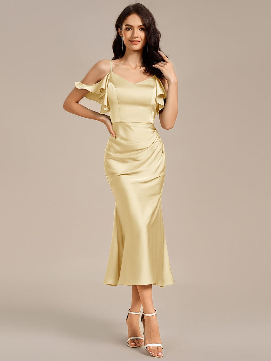 CALYNNE|Ruffled Off Shoulder Satin Midi Mermaid Bridesmaid Dress