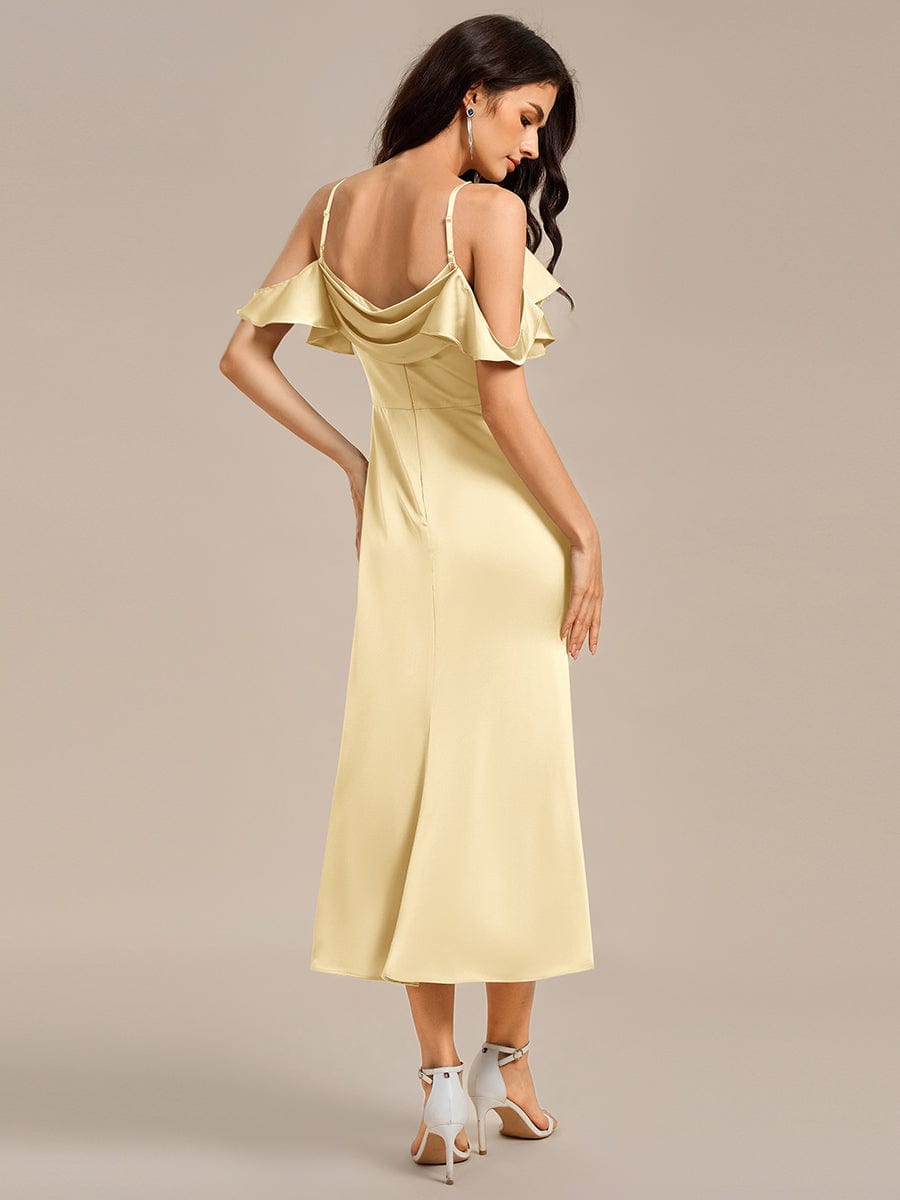 CALYNNE|Ruffled Off Shoulder Satin Midi Mermaid Bridesmaid Dress