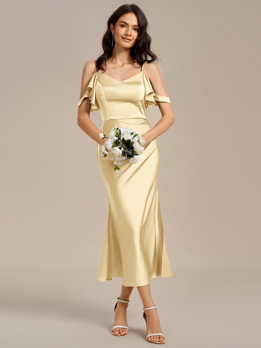 CALYNNE|Ruffled Off Shoulder Satin Midi Mermaid Bridesmaid Dress