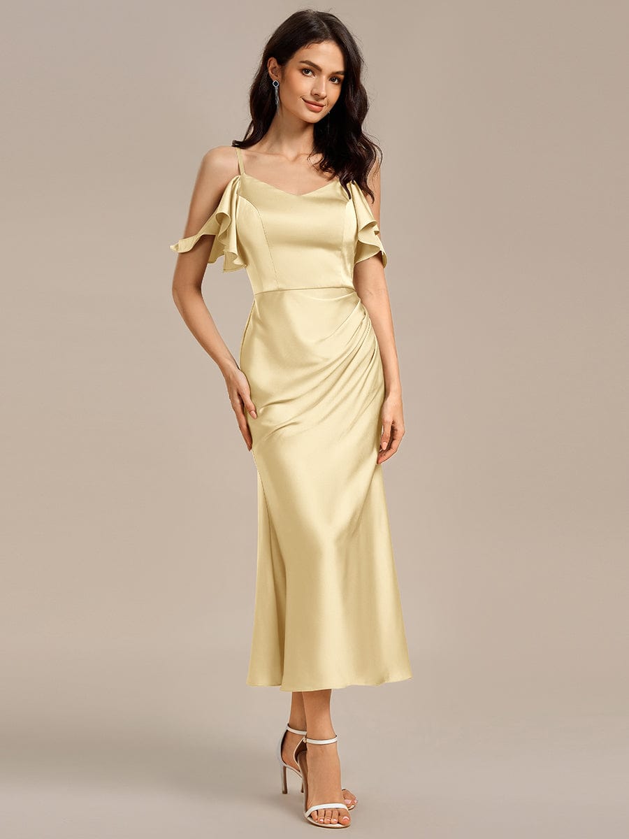 CALYNNE|Ruffled Off Shoulder Satin Midi Mermaid Bridesmaid Dress