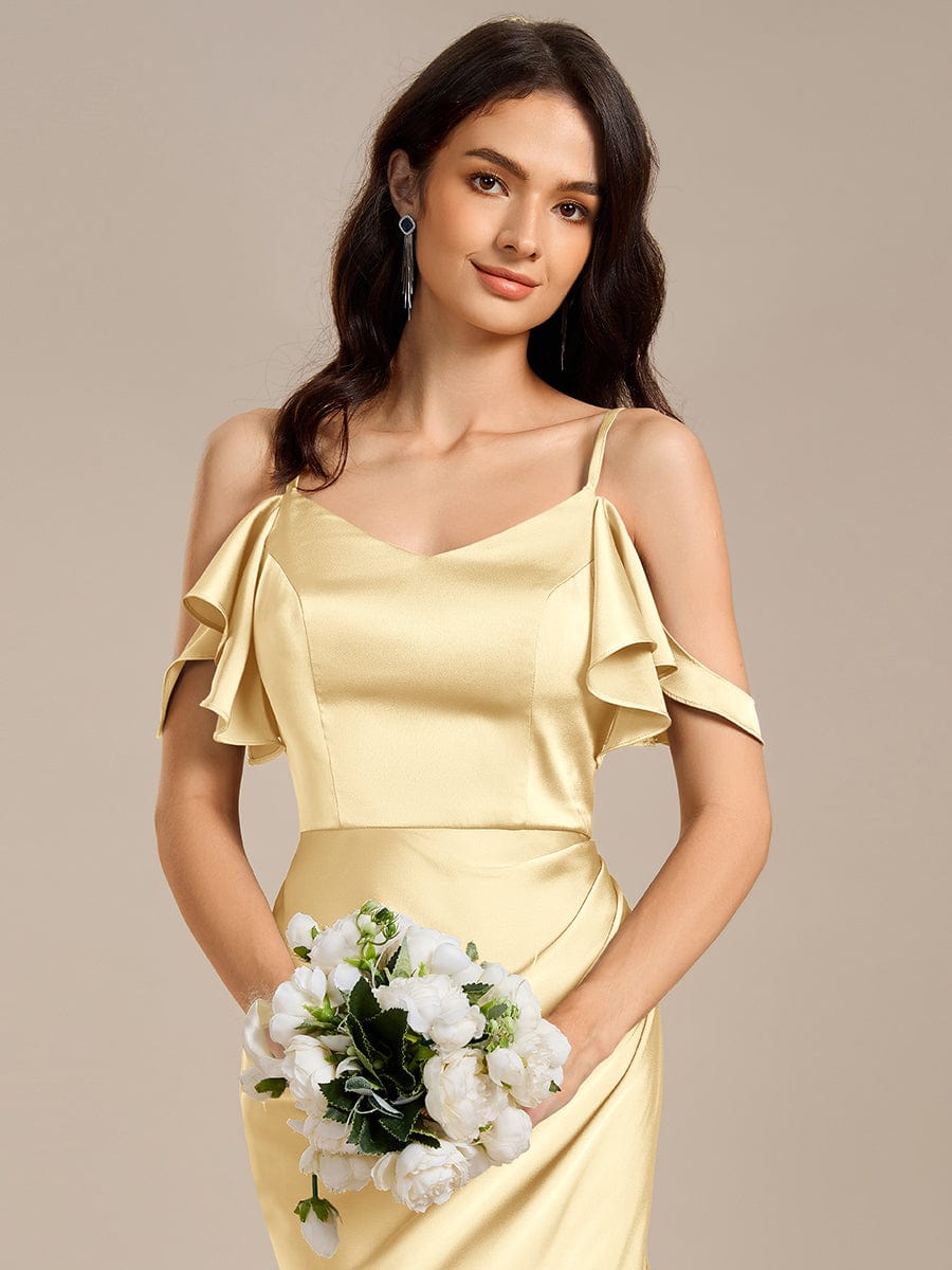 CALYNNE|Ruffled Off Shoulder Satin Midi Mermaid Bridesmaid Dress