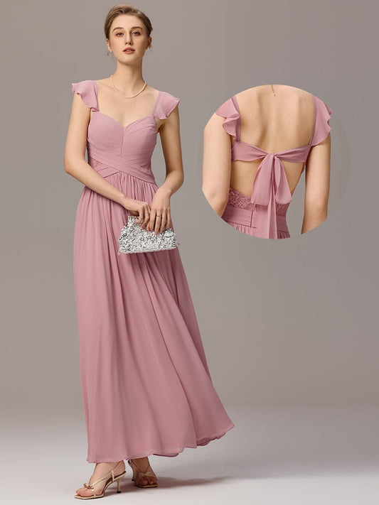 ELARA|Back-Tie Pleated Ruffles Sleeves Maxi Bridesmaid Dress