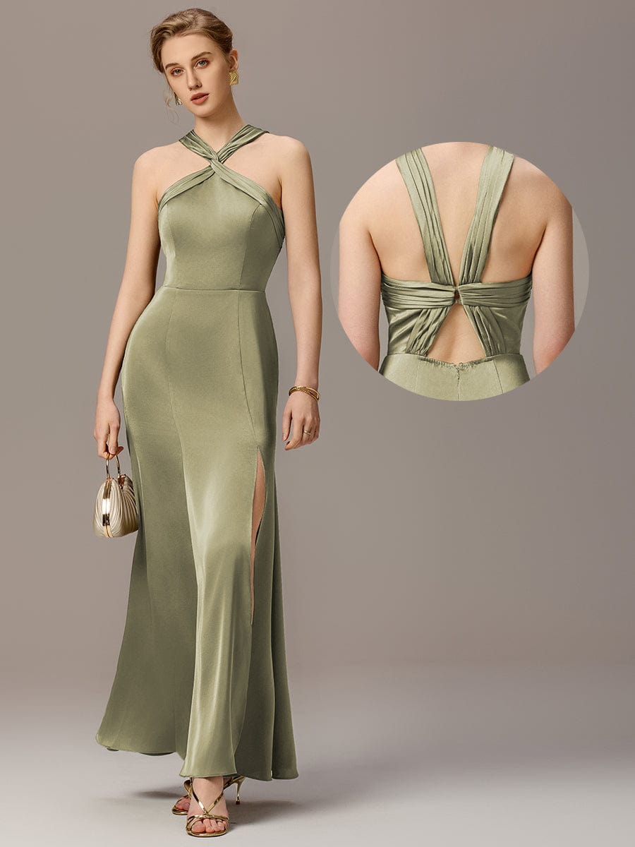 SELENE|Satin Cross Halter Sleeveless Maxi Bridesmaid Dress