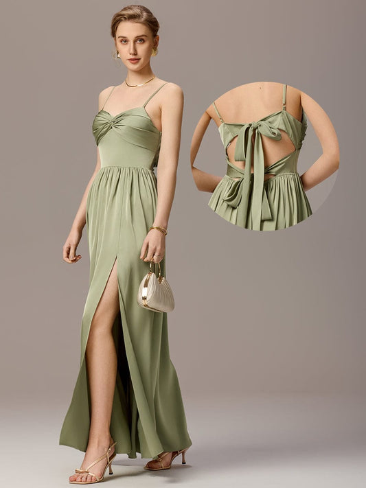 VERA|Satin Pleated Back-Tie Sleeveless Maxi Bridesmaid Dress