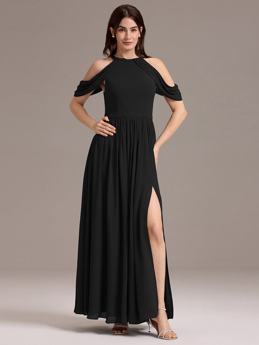 CERES|Elegant Chiffon Cold Shoulder A-Line Bridesmaid Dress with Draped Sleeves