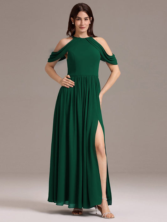 CERES|Elegant Chiffon Cold Shoulder A-Line Bridesmaid Dress with Draped Sleeves