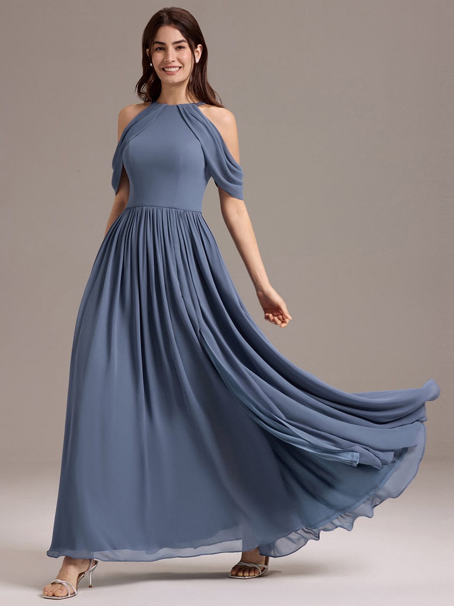 CERES|Elegant Chiffon Cold Shoulder A-Line Bridesmaid Dress with Draped Sleeves
