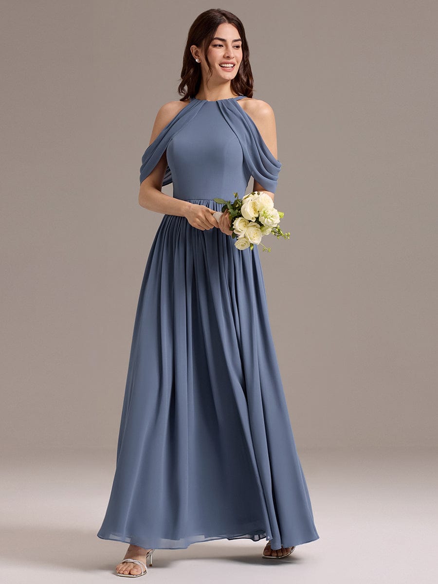 CERES|Elegant Chiffon Cold Shoulder A-Line Bridesmaid Dress with Draped Sleeves