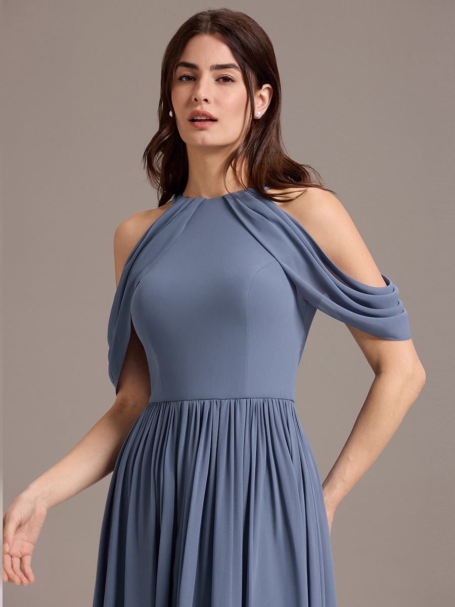 CERES|Elegant Chiffon Cold Shoulder A-Line Bridesmaid Dress with Draped Sleeves