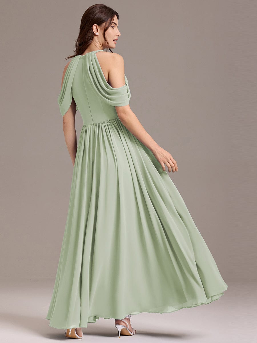 CERES|Elegant Chiffon Cold Shoulder A-Line Bridesmaid Dress with Draped Sleeves