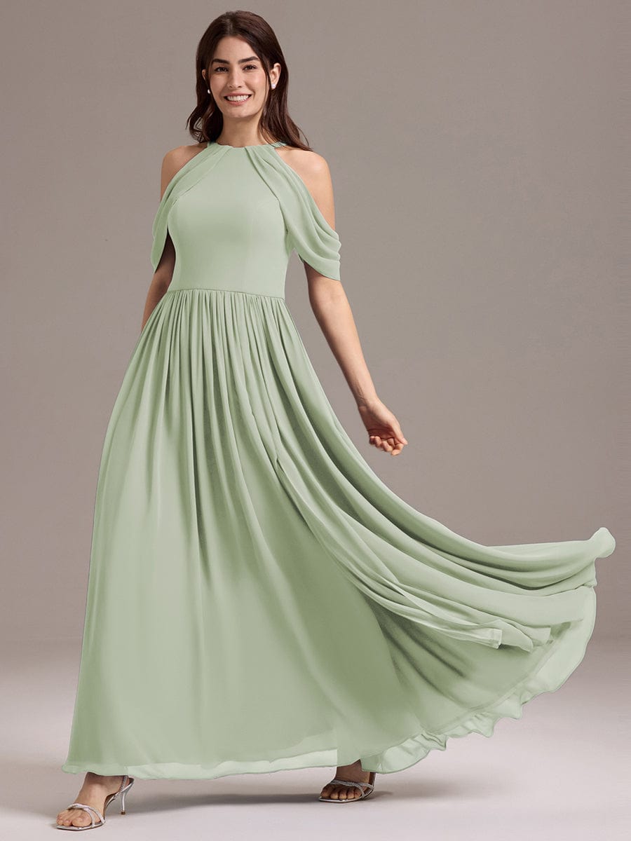 CERES|Elegant Chiffon Cold Shoulder A-Line Bridesmaid Dress with Draped Sleeves