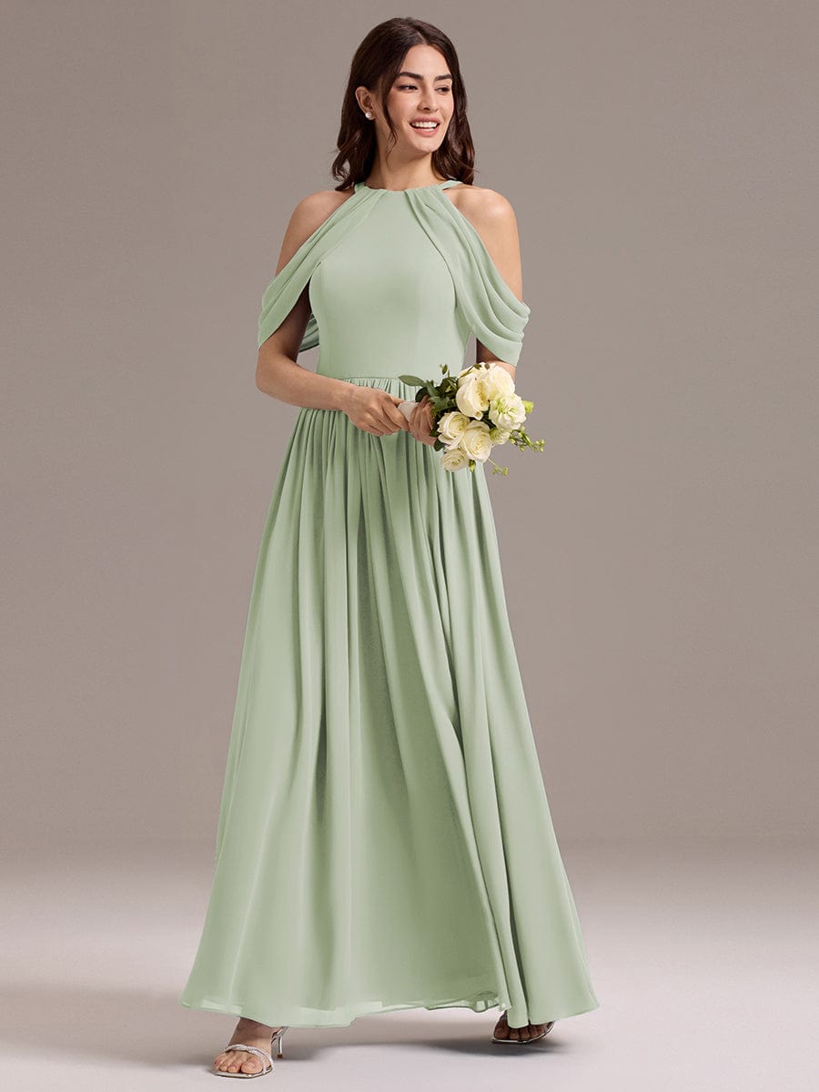 CERES|Elegant Chiffon Cold Shoulder A-Line Bridesmaid Dress with Draped Sleeves