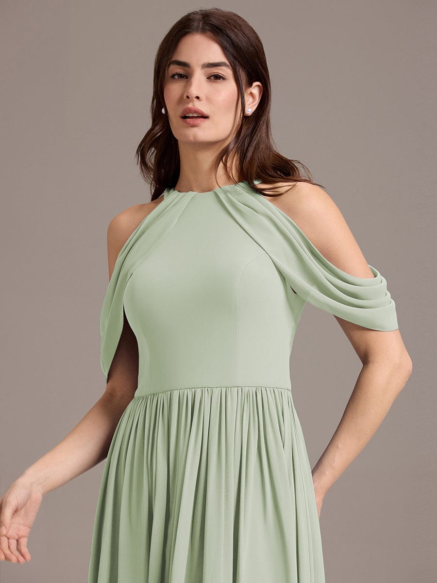CERES|Elegant Chiffon Cold Shoulder A-Line Bridesmaid Dress with Draped Sleeves
