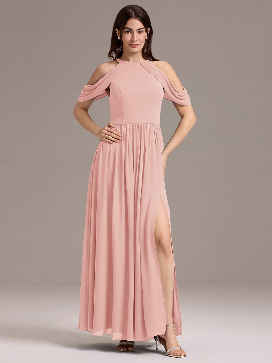 CERES|Elegant Chiffon Cold Shoulder A-Line Bridesmaid Dress with Draped Sleeves
