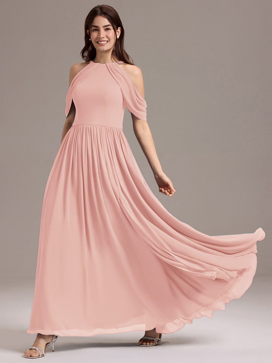 CERES|Elegant Chiffon Cold Shoulder A-Line Bridesmaid Dress with Draped Sleeves