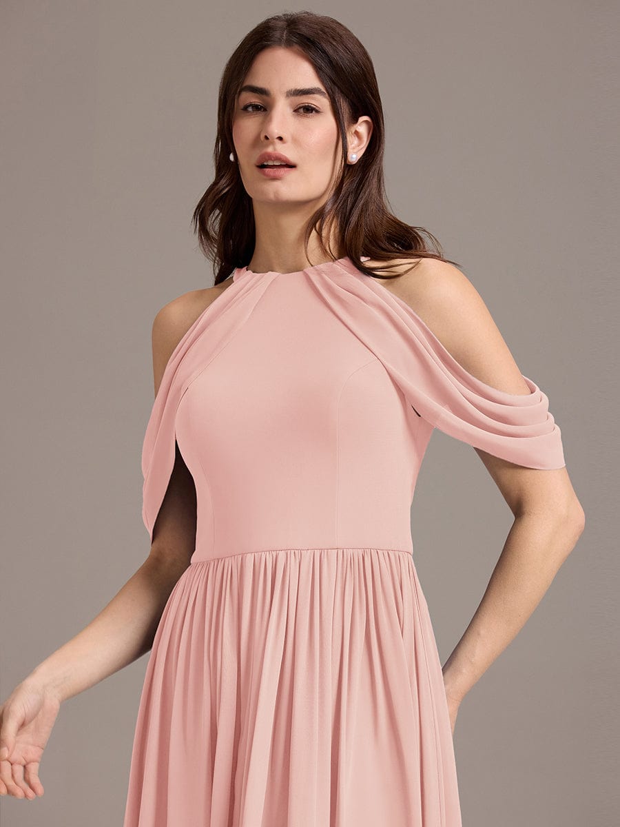CERES|Elegant Chiffon Cold Shoulder A-Line Bridesmaid Dress with Draped Sleeves