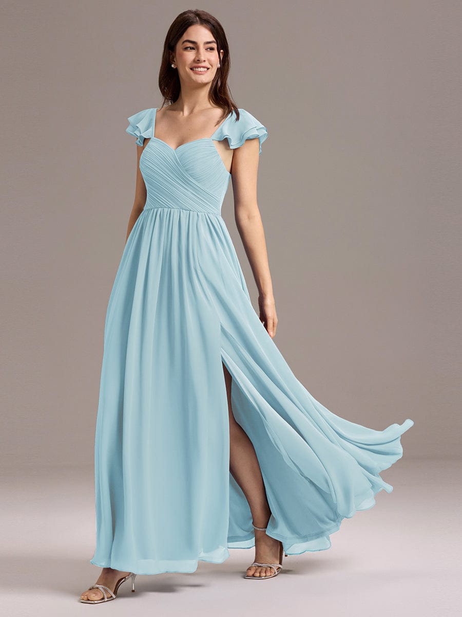 CLARKE|Chiffon A-Line Ruffles Cap Sleeve Bridesmaid Dress with Side Slit