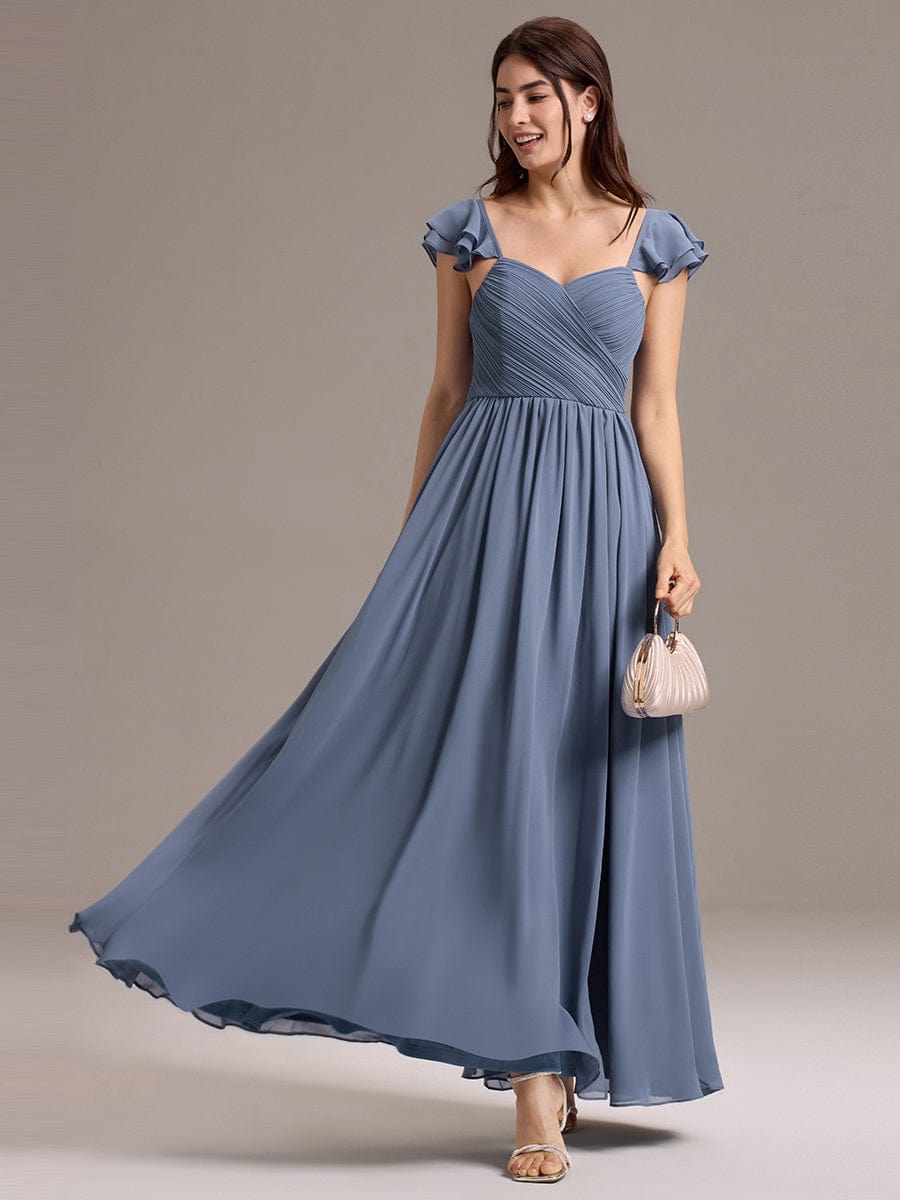 CLARKE|Chiffon A-Line Ruffles Cap Sleeve Bridesmaid Dress with Side Slit