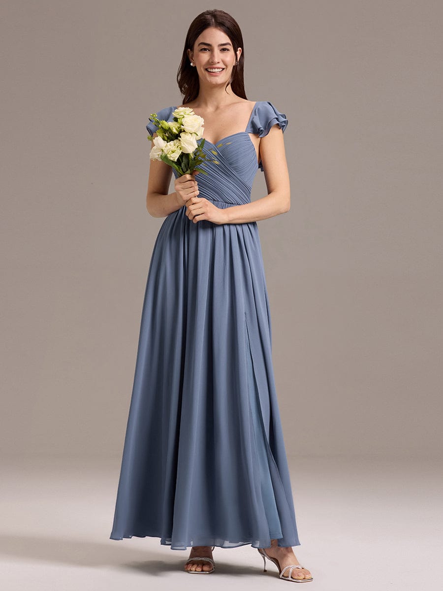 CLARKE|Chiffon A-Line Ruffles Cap Sleeve Bridesmaid Dress with Side Slit