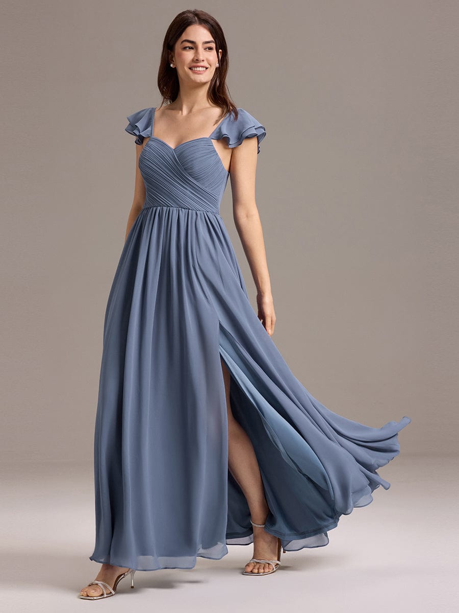 CLARKE|Chiffon A-Line Ruffles Cap Sleeve Bridesmaid Dress with Side Slit