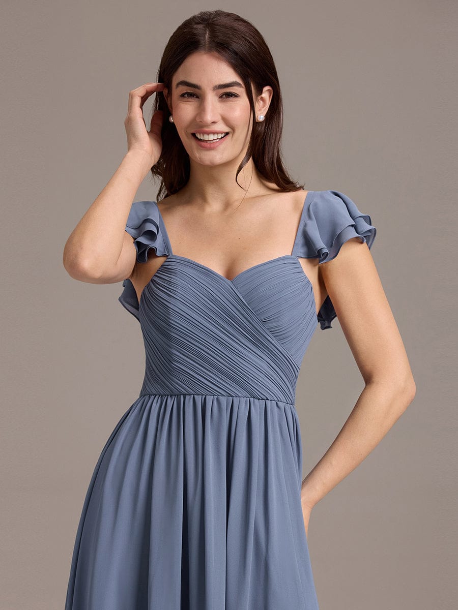 CLARKE|Chiffon A-Line Ruffles Cap Sleeve Bridesmaid Dress with Side Slit