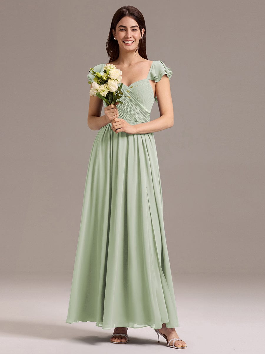CLARKE|Chiffon A-Line Ruffles Cap Sleeve Bridesmaid Dress with Side Slit