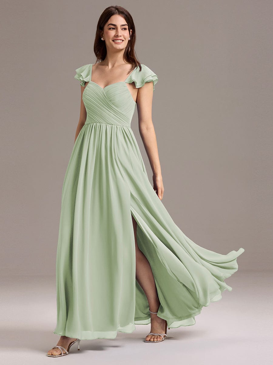 CLARKE|Chiffon A-Line Ruffles Cap Sleeve Bridesmaid Dress with Side Slit