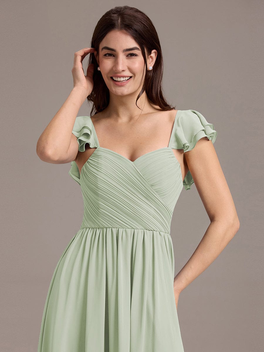 CLARKE|Chiffon A-Line Ruffles Cap Sleeve Bridesmaid Dress with Side Slit