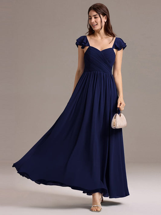 CLARKE|Chiffon A-Line Ruffles Cap Sleeve Bridesmaid Dress with Side Slit
