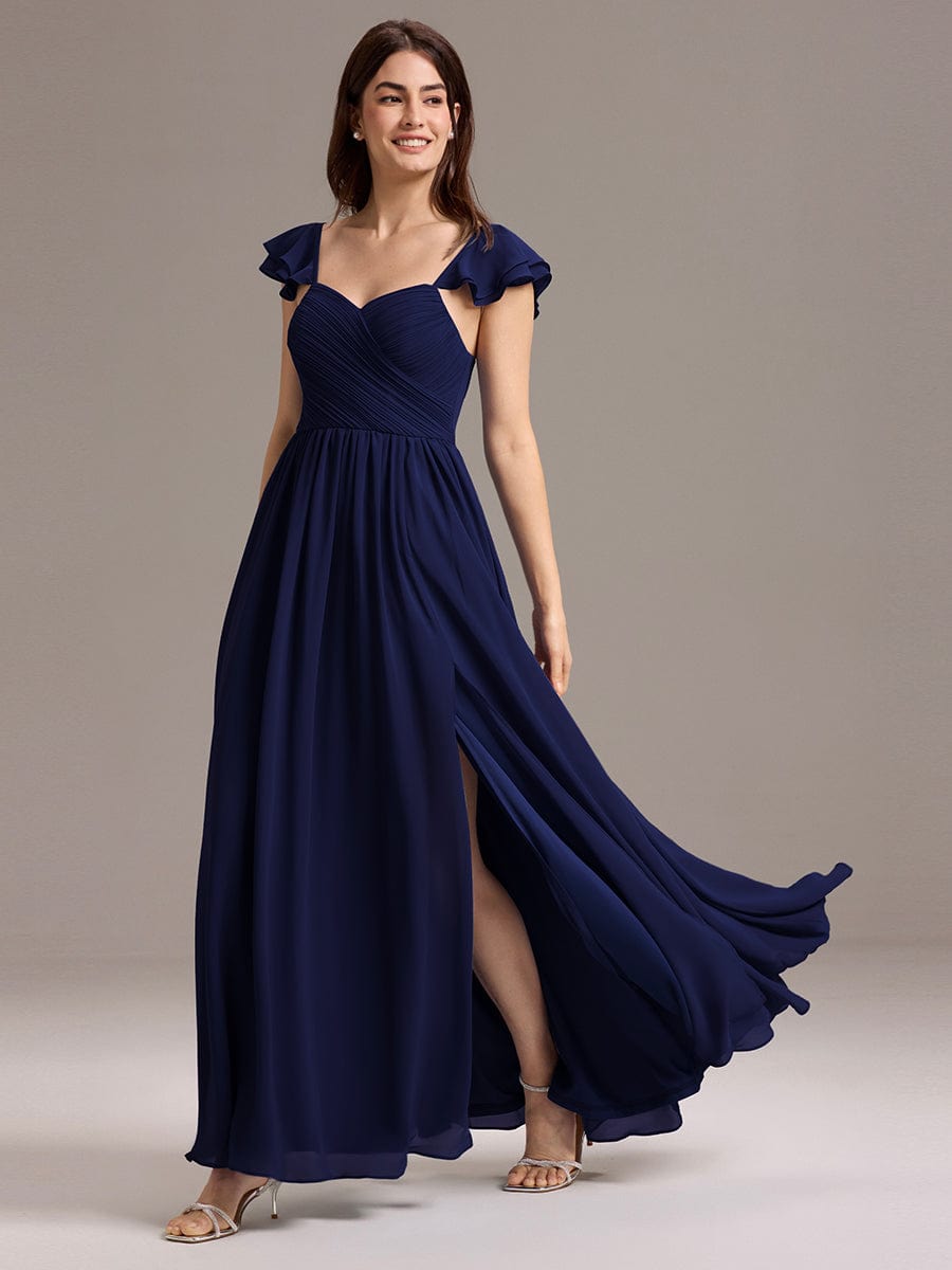 CLARKE|Chiffon A-Line Ruffles Cap Sleeve Bridesmaid Dress with Side Slit