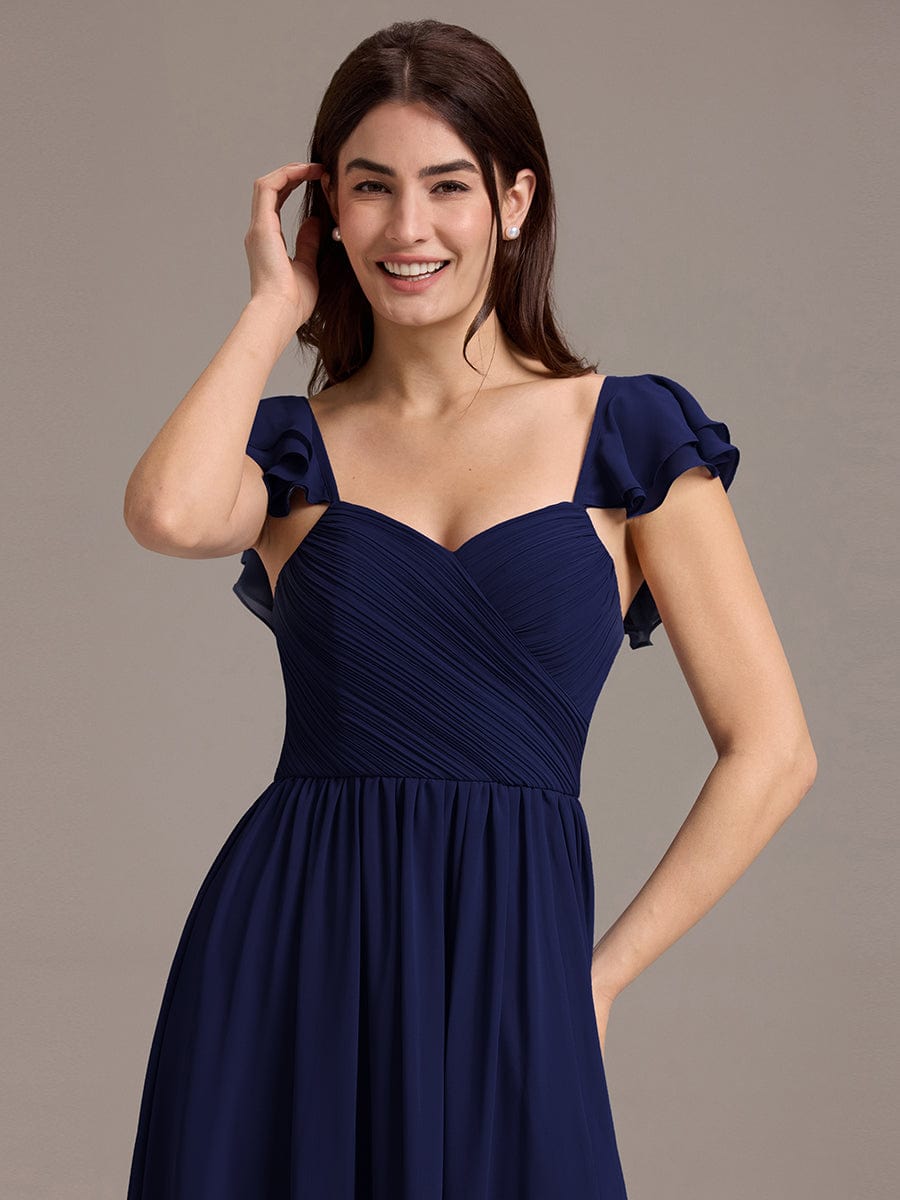 CLARKE|Chiffon A-Line Ruffles Cap Sleeve Bridesmaid Dress with Side Slit
