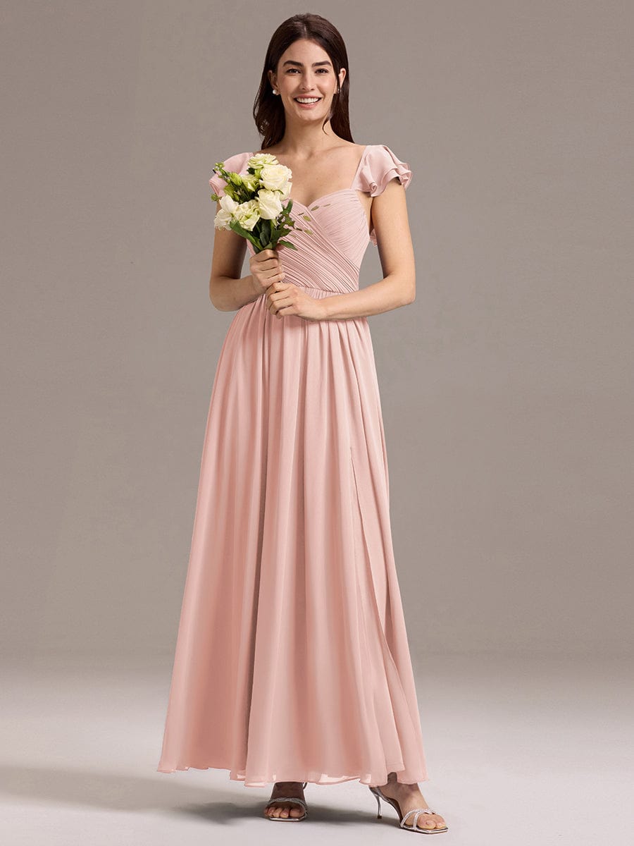 CLARKE|Chiffon A-Line Ruffles Cap Sleeve Bridesmaid Dress with Side Slit