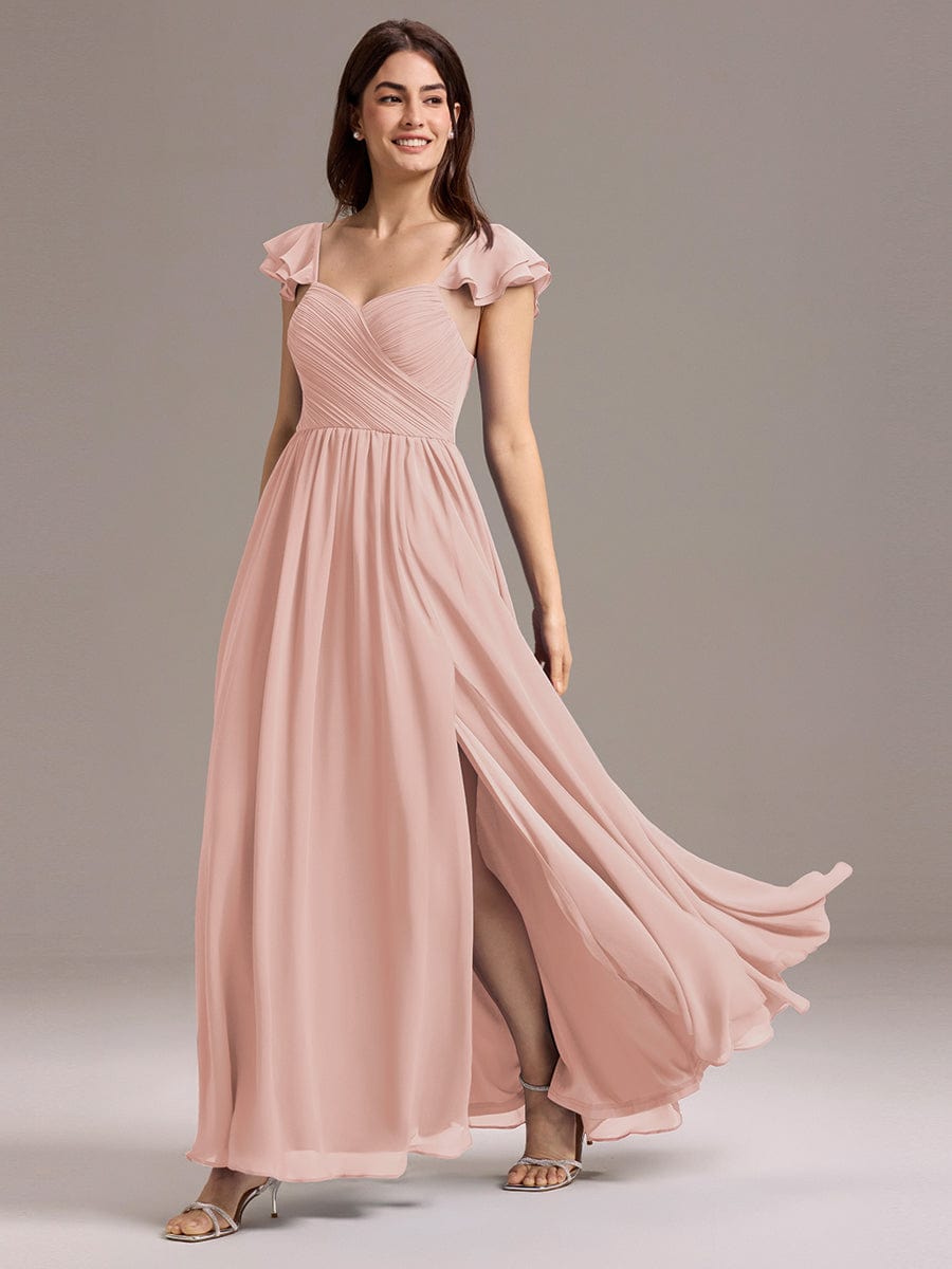 CLARKE|Chiffon A-Line Ruffles Cap Sleeve Bridesmaid Dress with Side Slit