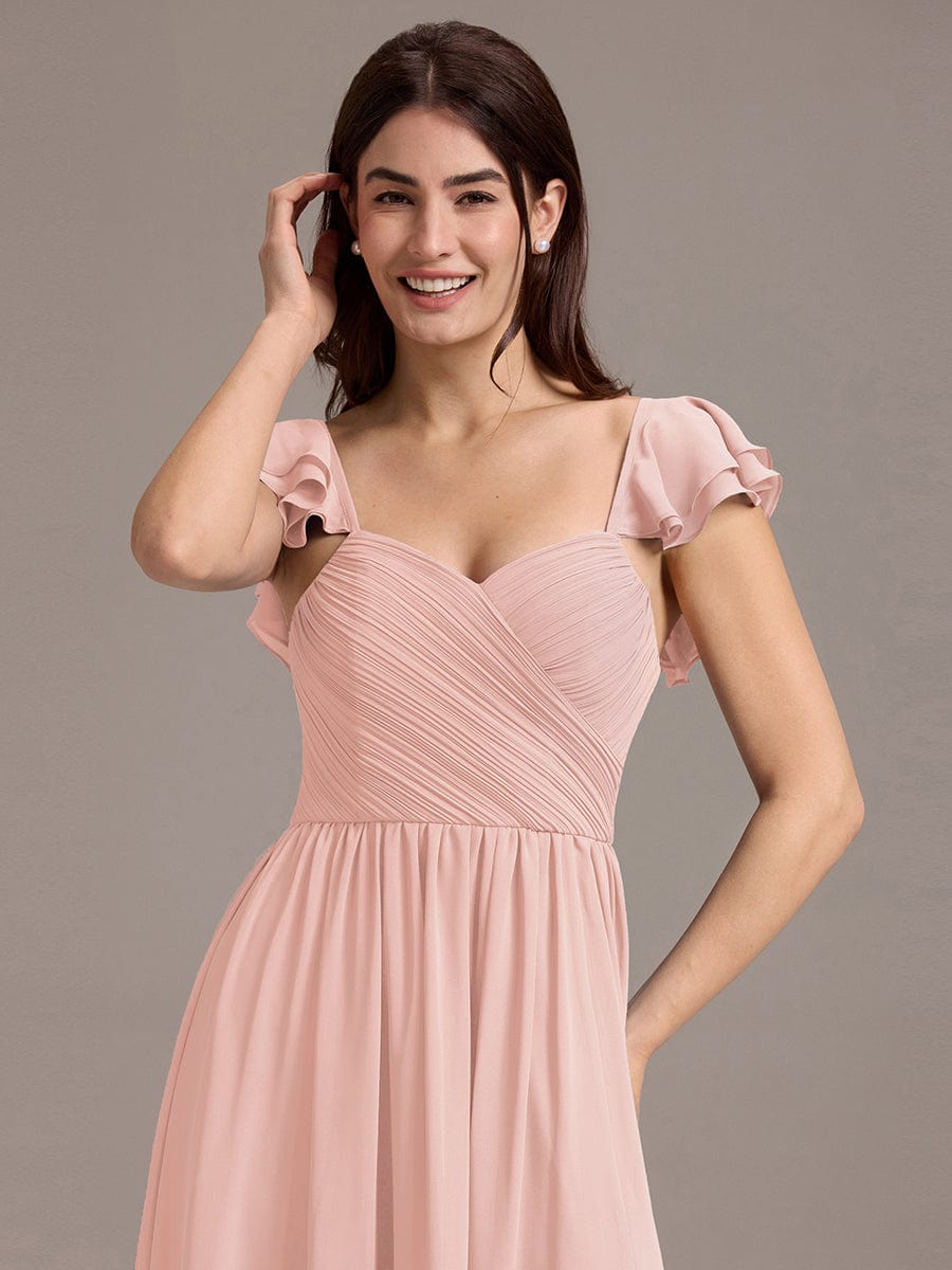 CLARKE|Chiffon A-Line Ruffles Cap Sleeve Bridesmaid Dress with Side Slit