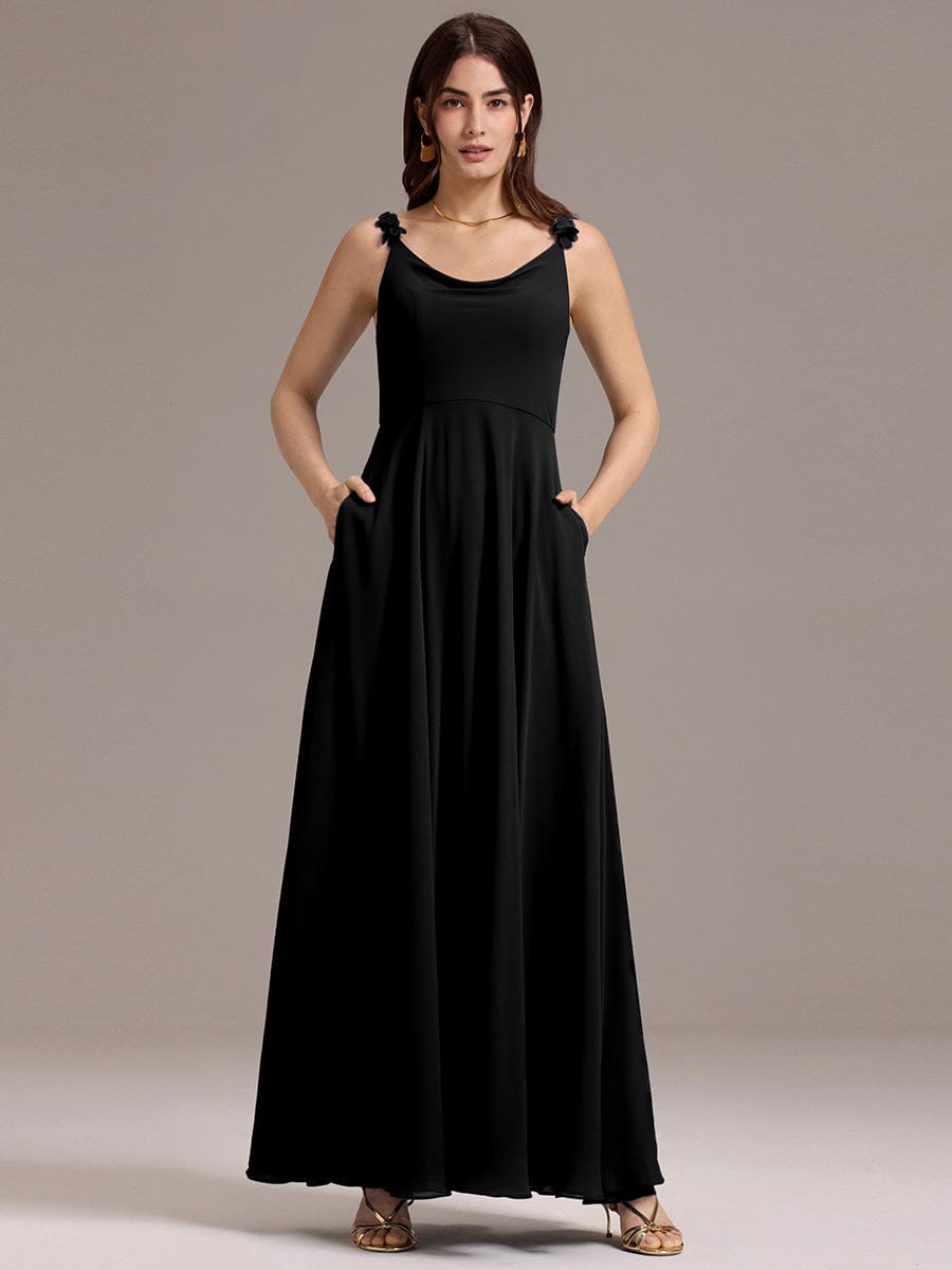 ZINNELLE|Flowy Chiffon Cowl Neck Backless A-Line Floral Strap Bridesmaid Dress