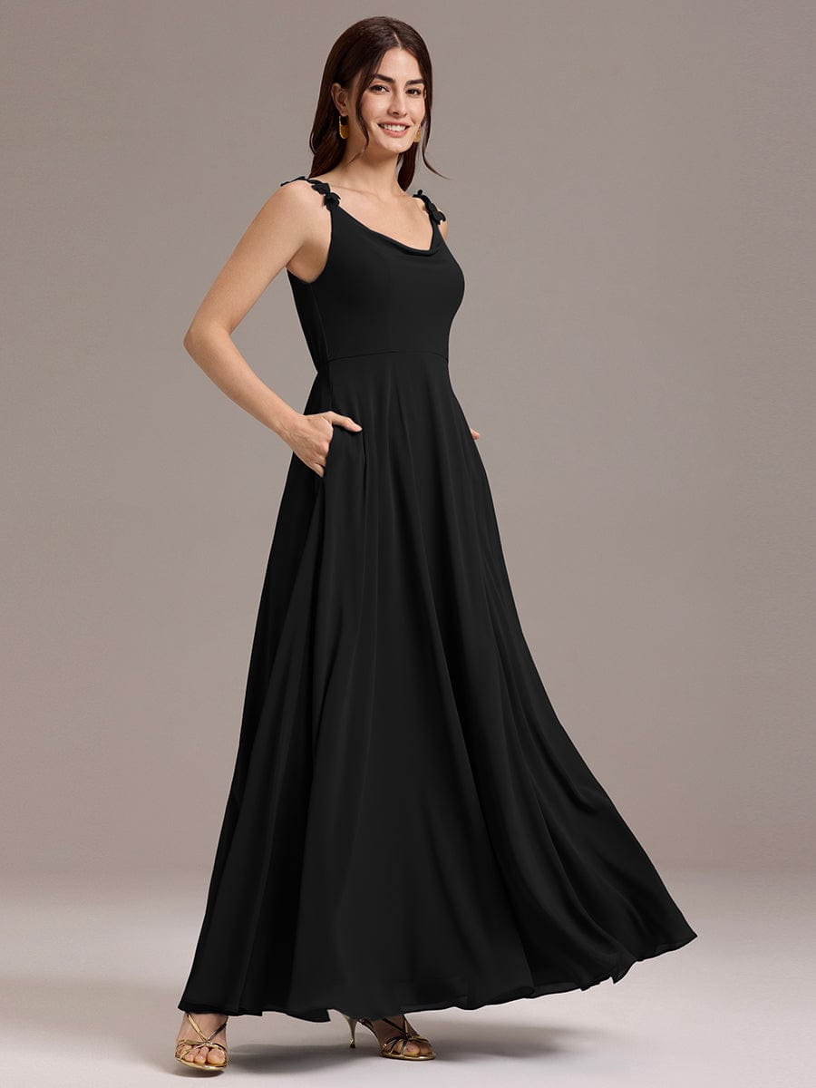 ZINNELLE|Flowy Chiffon Cowl Neck Backless A-Line Floral Strap Bridesmaid Dress