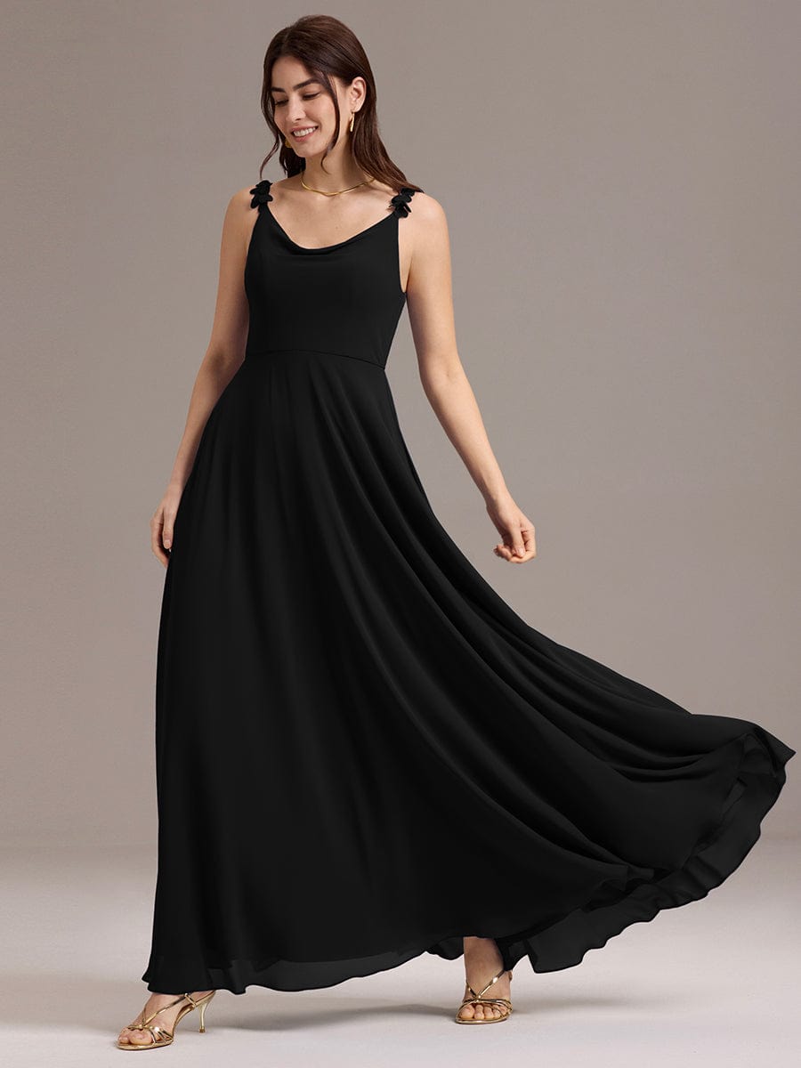 ZINNELLE|Flowy Chiffon Cowl Neck Backless A-Line Floral Strap Bridesmaid Dress