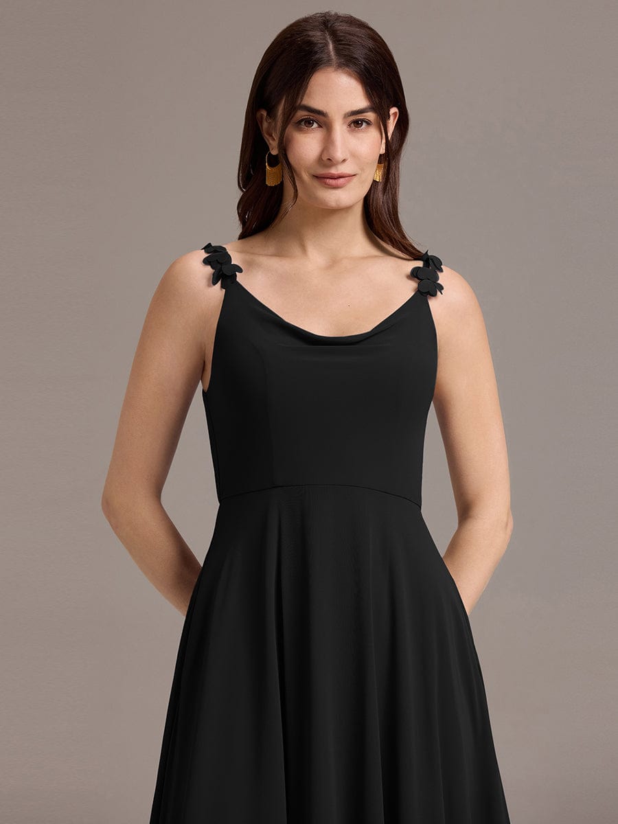 ZINNELLE|Flowy Chiffon Cowl Neck Backless A-Line Floral Strap Bridesmaid Dress