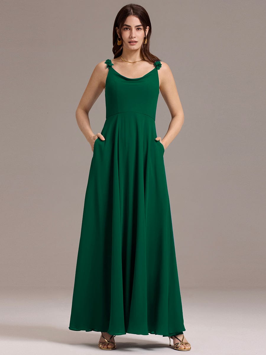 ZINNELLE|Flowy Chiffon Cowl Neck Backless A-Line Floral Strap Bridesmaid Dress