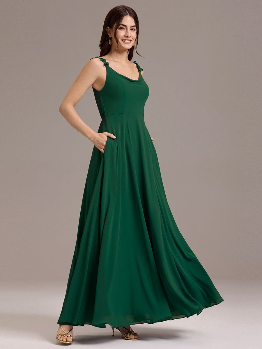 ZINNELLE|Flowy Chiffon Cowl Neck Backless A-Line Floral Strap Bridesmaid Dress