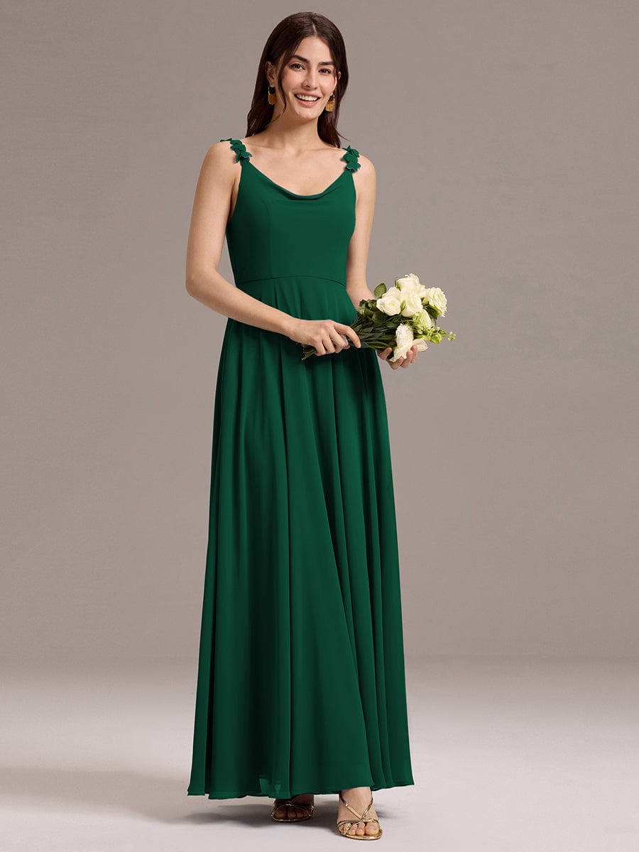 ZINNELLE|Flowy Chiffon Cowl Neck Backless A-Line Floral Strap Bridesmaid Dress