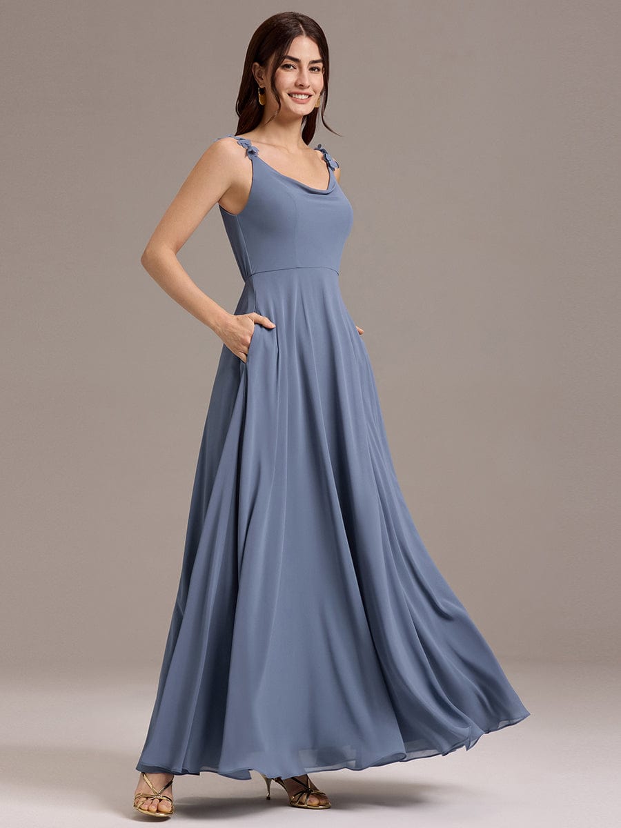 ZINNELLE|Flowy Chiffon Cowl Neck Backless A-Line Floral Strap Bridesmaid Dress