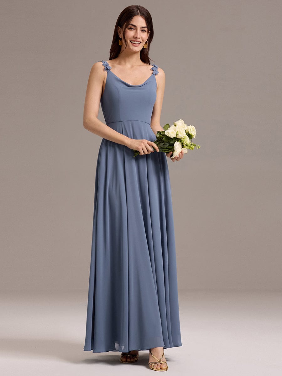 ZINNELLE|Flowy Chiffon Cowl Neck Backless A-Line Floral Strap Bridesmaid Dress