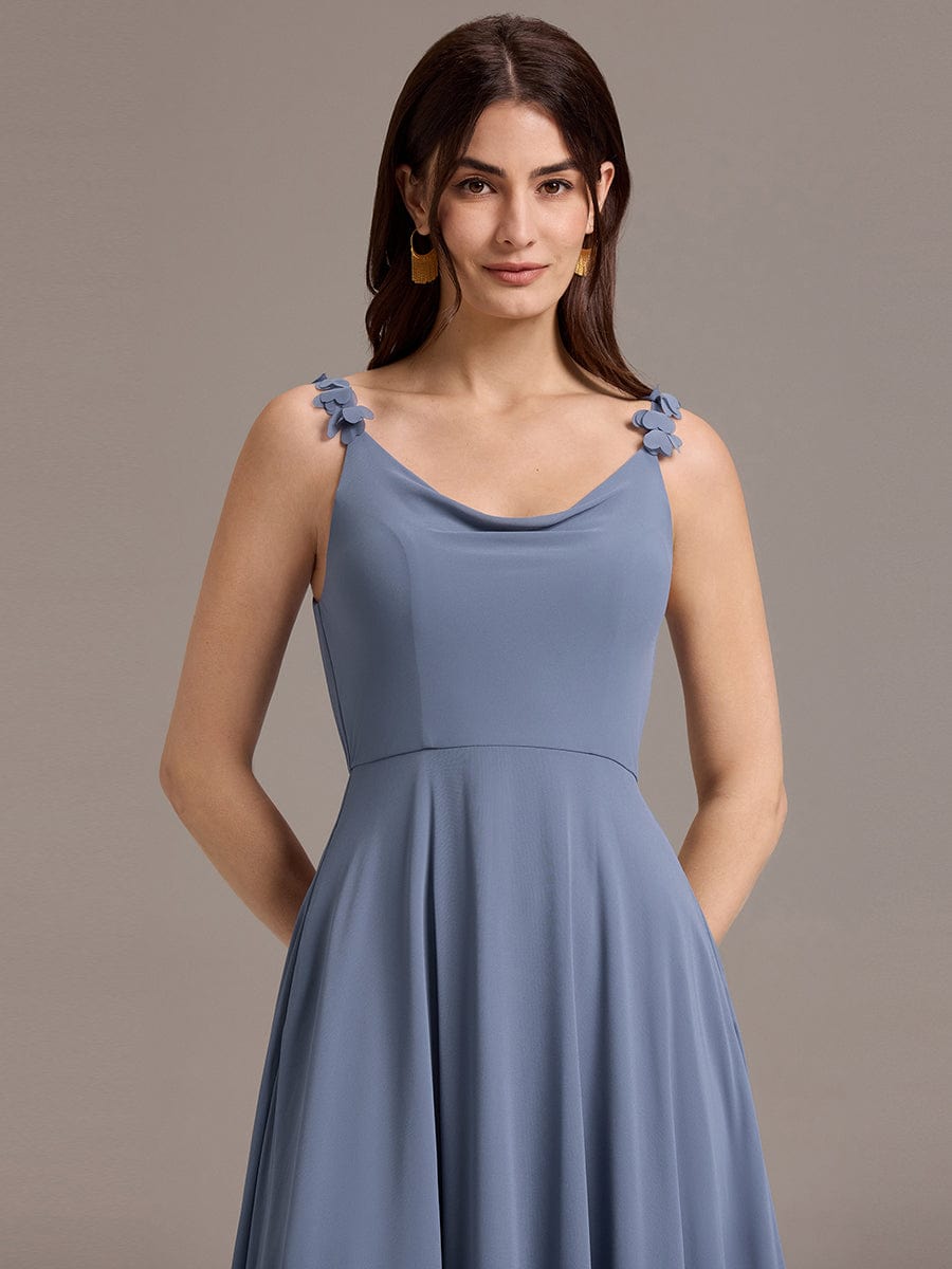 ZINNELLE|Flowy Chiffon Cowl Neck Backless A-Line Floral Strap Bridesmaid Dress
