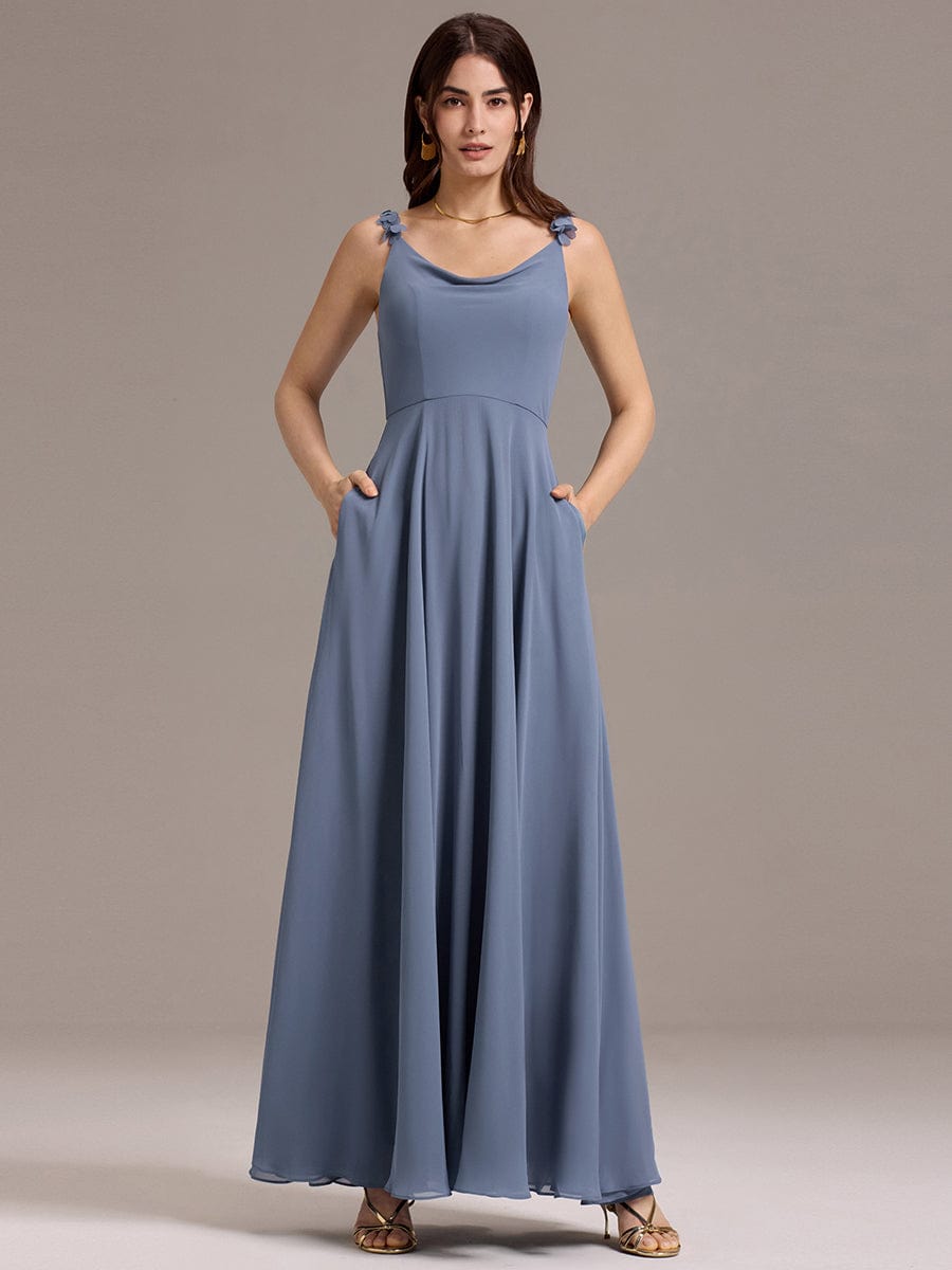 ZINNELLE|Flowy Chiffon Cowl Neck Backless A-Line Floral Strap Bridesmaid Dress