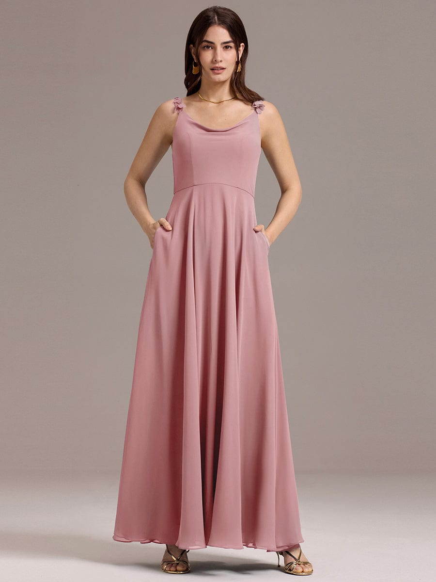 ZINNELLE|Flowy Chiffon Cowl Neck Backless A-Line Floral Strap Bridesmaid Dress