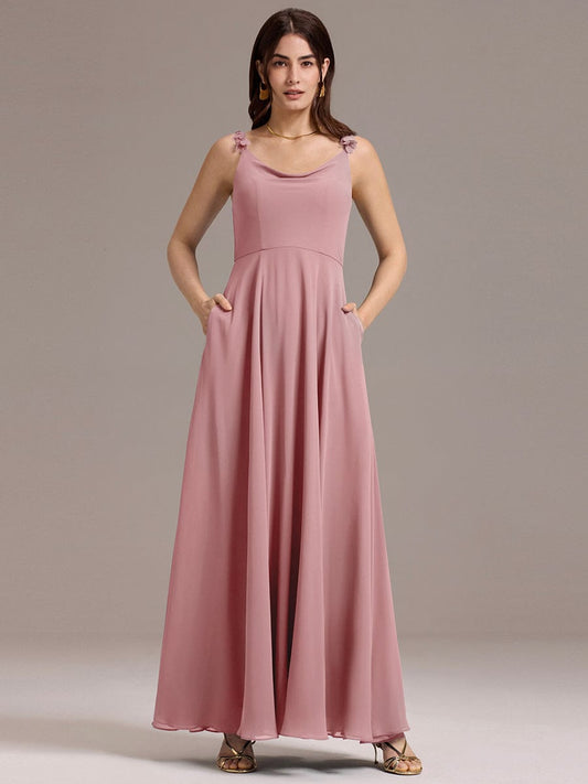 ZINNELLE|Flowy Chiffon Cowl Neck Backless A-Line Floral Strap Bridesmaid Dress