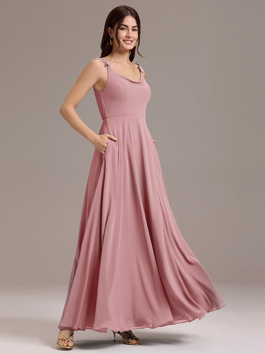 ZINNELLE|Flowy Chiffon Cowl Neck Backless A-Line Floral Strap Bridesmaid Dress